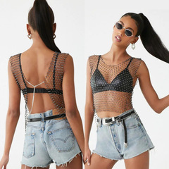 跨境新款女裝網眼水鑽漁網背心性感辣妹裝音樂節穿搭甜辣水鑽上衣
