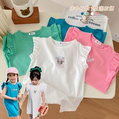 Children's mid-length T-skirt 2023 summer new style baby girl's stylish Korean style cartoon flying sleeves vest dress