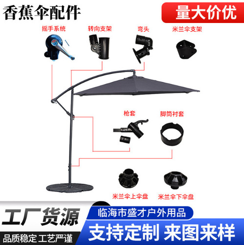 Banana-shaped umbrella accessories, Roman-style umbrella components, umbrella-style barriers, Milan-style umbrella parts, central pole umbrella fittings, and patio/yard sun umbrellas