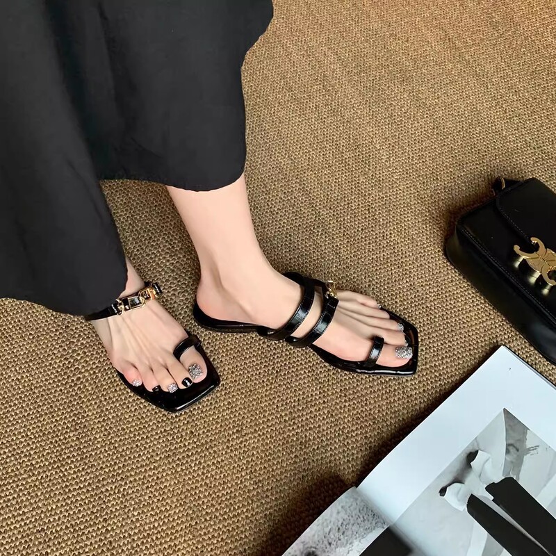 in stock Hair Sheepskin Version ~ Genuine Leather Metal Buckle Flat Slippers with Crocodile Pattern Toe Women's Outer Wear Sandals