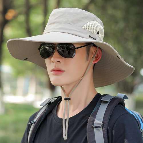 Wide-brimmed sun hat for men, summer outdoor fisherman's hat with tie, foldable and portable fishing sun hat, wholesale