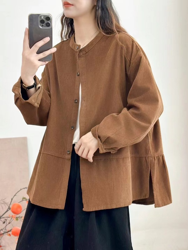 古咖服饰秋季新复古灯芯绒外套女立领单排扣拼接长袖宽松外搭上衣|undefined