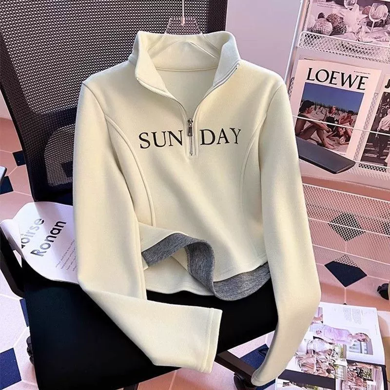 Черные поддельные две полузастежки-молнии свитер женская весенняя и осенняя стройная рубашка