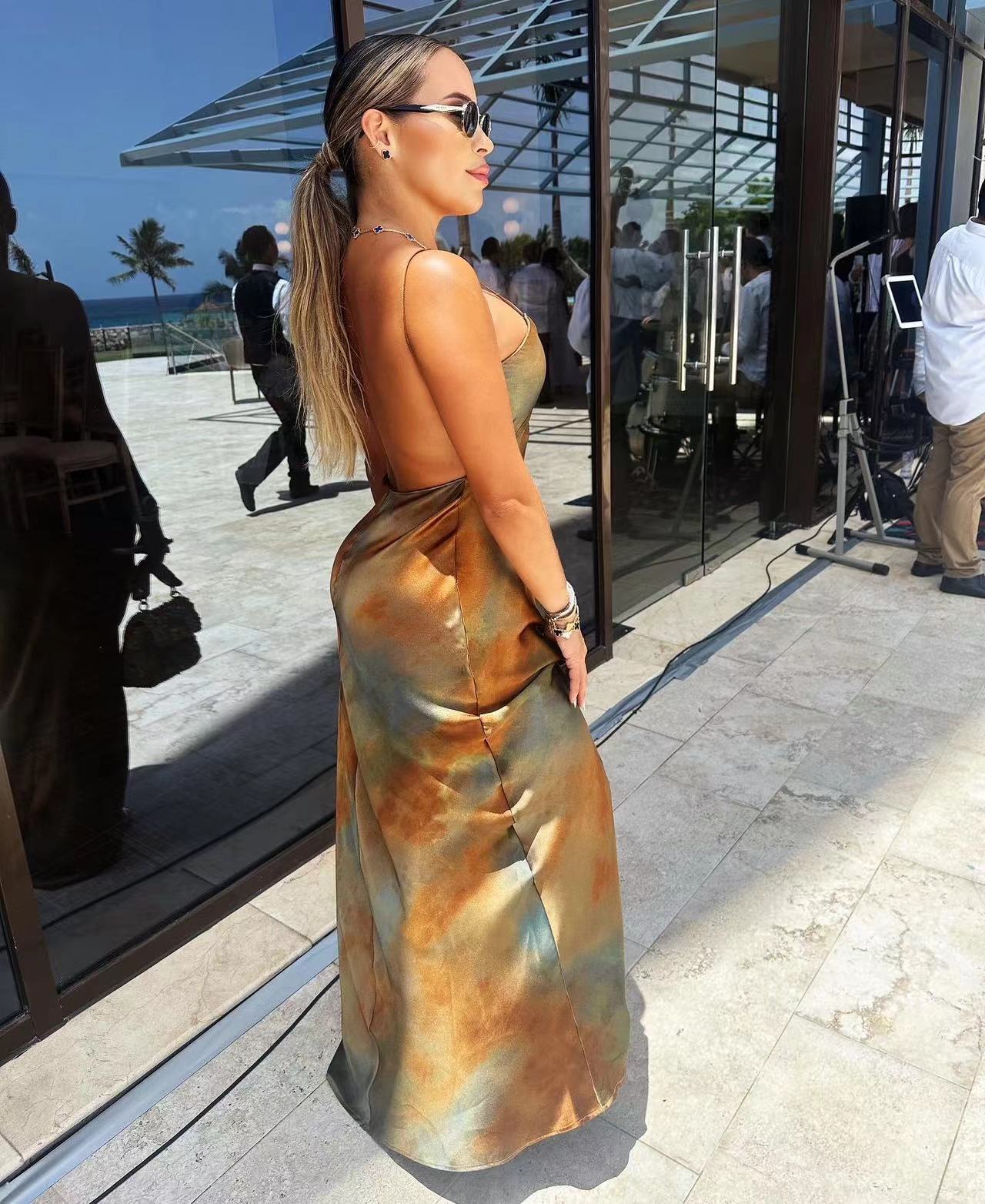 Polyester Fabric Type Wholesale Women's Sexy Streetwear Backless Tie Dye Holiday Beach Strap Sleeveless Strap Dress