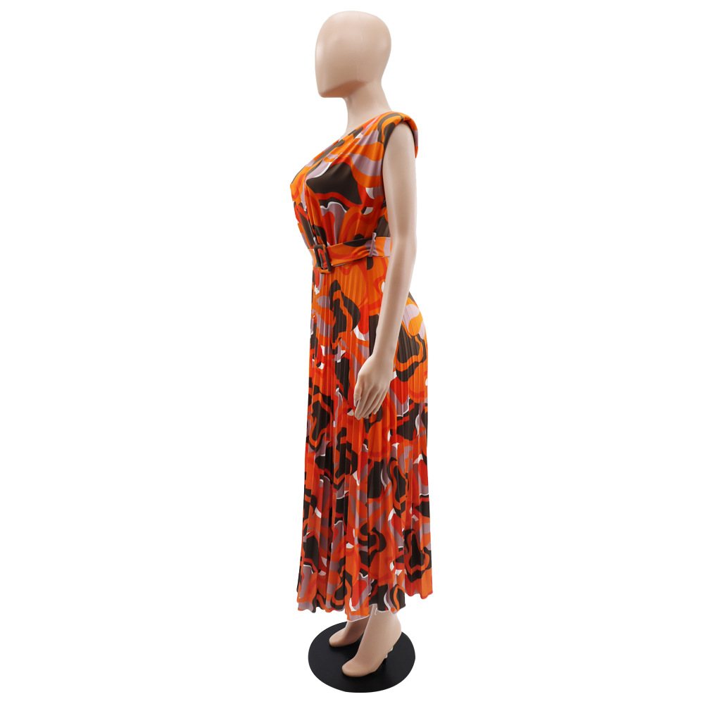 V Neck Sleeveless Padded Shoulder Casual Printed Office All Matching Pleated Waist Dress