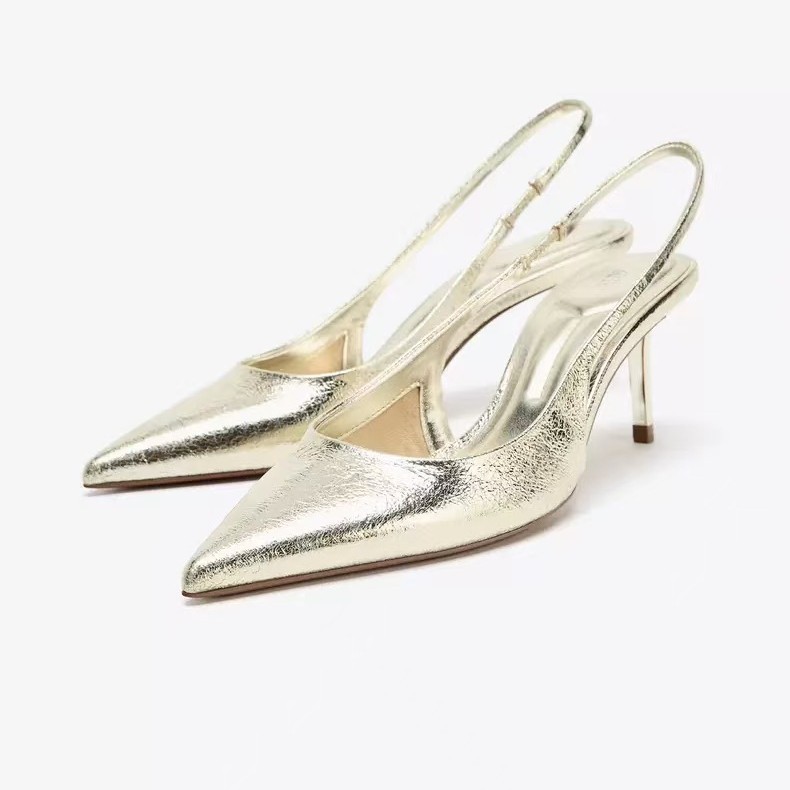 ZA2025秋季新款金色尖头后空高跟鞋女穆勤鞋小细跟欧美浅口单鞋