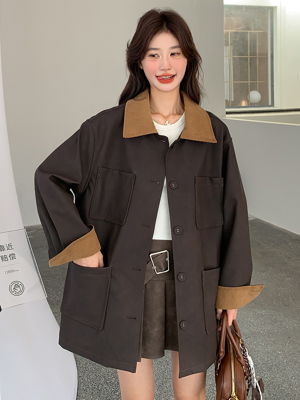 咖色独特工装风衣外套女中长款2025秋季新爆款小个子休闲撞色皮衣|undefined