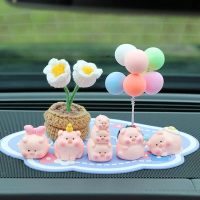 Piggy Car Interior Decorations — Car ornaments - 5-little-pigs-mickey-light-color-balloons-lily-of-the-valley-blue-lucky-mat