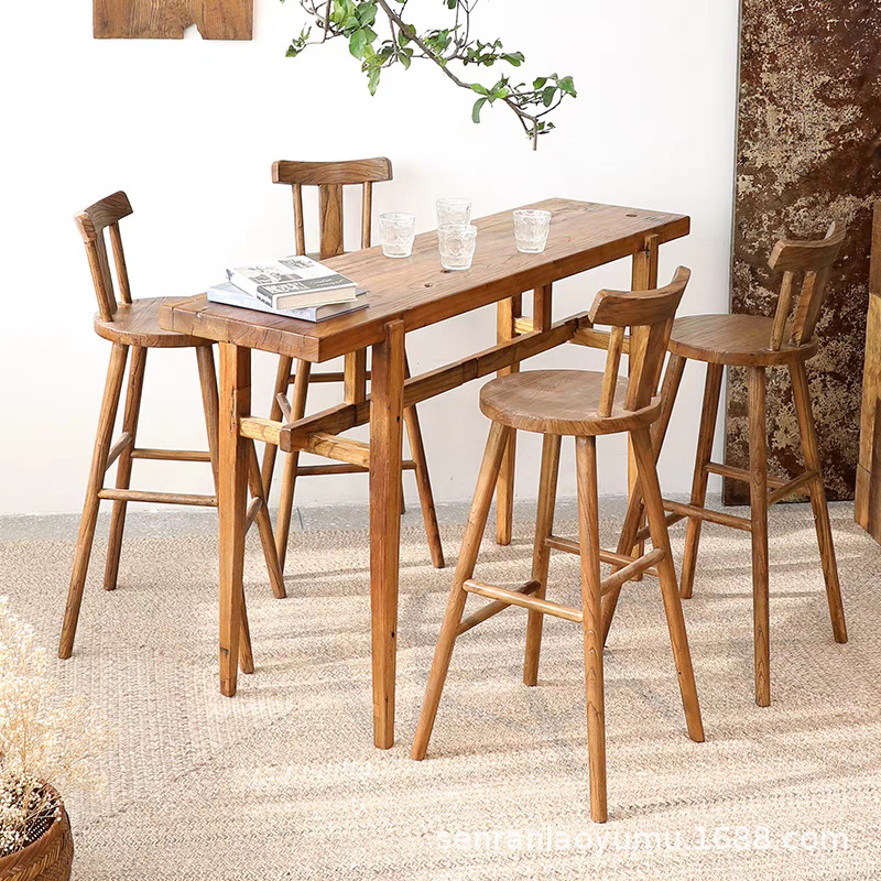 Solid Wood Bar Table, Household Old Elm Balcony Table, High Table, Wall-Mounted Long Table, Cafe Bar Table and Chair Combination