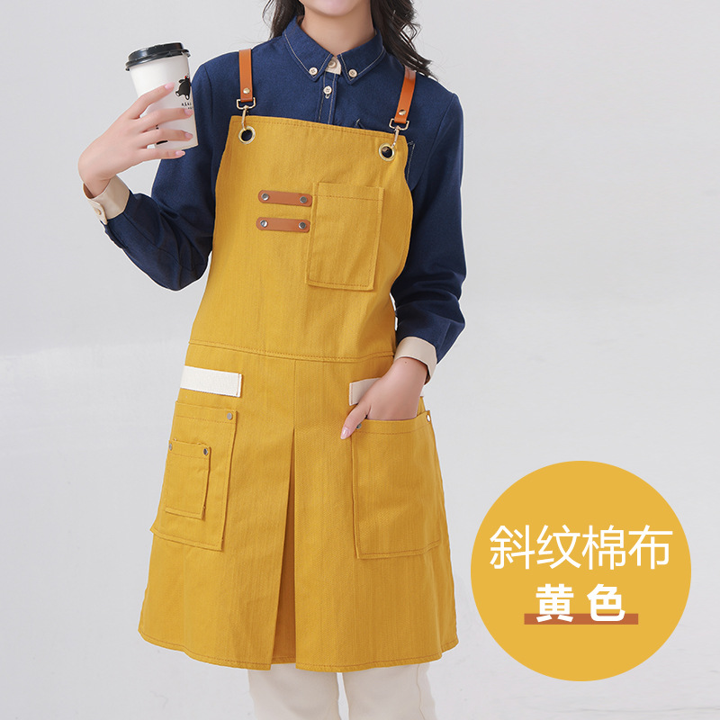 Delantal transfronterizo de algodón de sarga de Amazon, delantal de trabajo amarillo suave con abertura plegable y logotipo personalizado, venta al por mayor