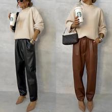 跨境外贸2024独立站春季新款松紧腰口袋休闲街头风皮裤女