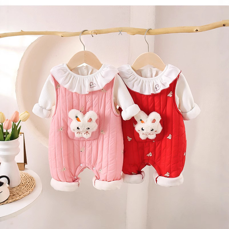 Traje de correa de conejo lindo para bebé de estilo occidental, cuello de encaje de bebé de moda, camiseta, tirantes anchos, pantalones, traje de escalada