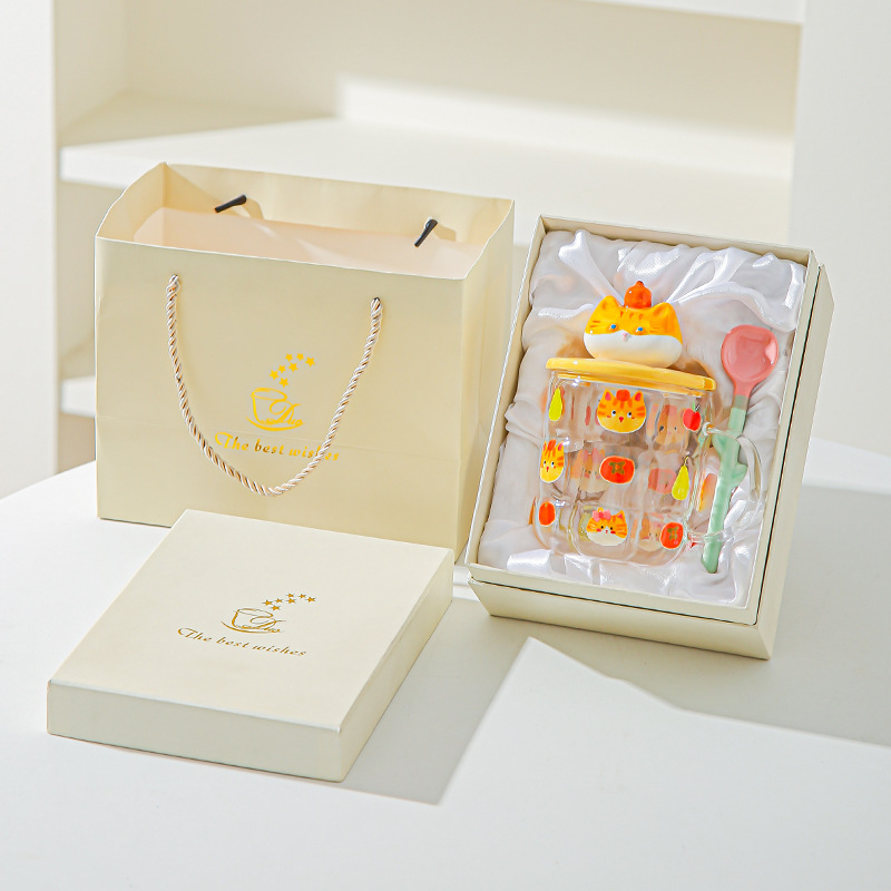 Gato estereoscópico pintado a mano alta resistencia al calor de vidrio de silicio de alta calidad de oficina con cubierta de cuchara de agua taza de dibujos animados taza de marca