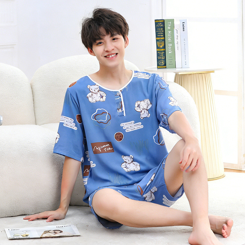 Summer Thin Pajama Set Air-Conditioned Clothing Cotton Silk Long-Sleeved Large Size Boys' Men's Middle School Students' Home Clothes Children's Style