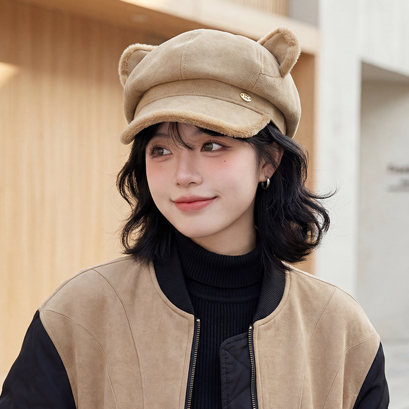 아동 가을 겨울 스웨이드 베레모 곰돌이 귀 방한 보온 차양 조절형 프리사