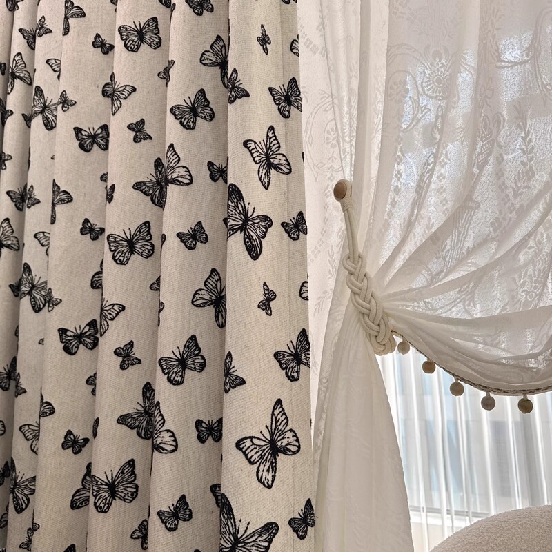 Cotton and Linen Retro Wool Jacquard Black Butterfly Curtains French American Hepburn Style Living Room and Bedroom Curtains Cotton and Linen Retro Wool Jacquard Black Butterfly Curtains French American Hepburn Style Living Room and Bedroom Curtains