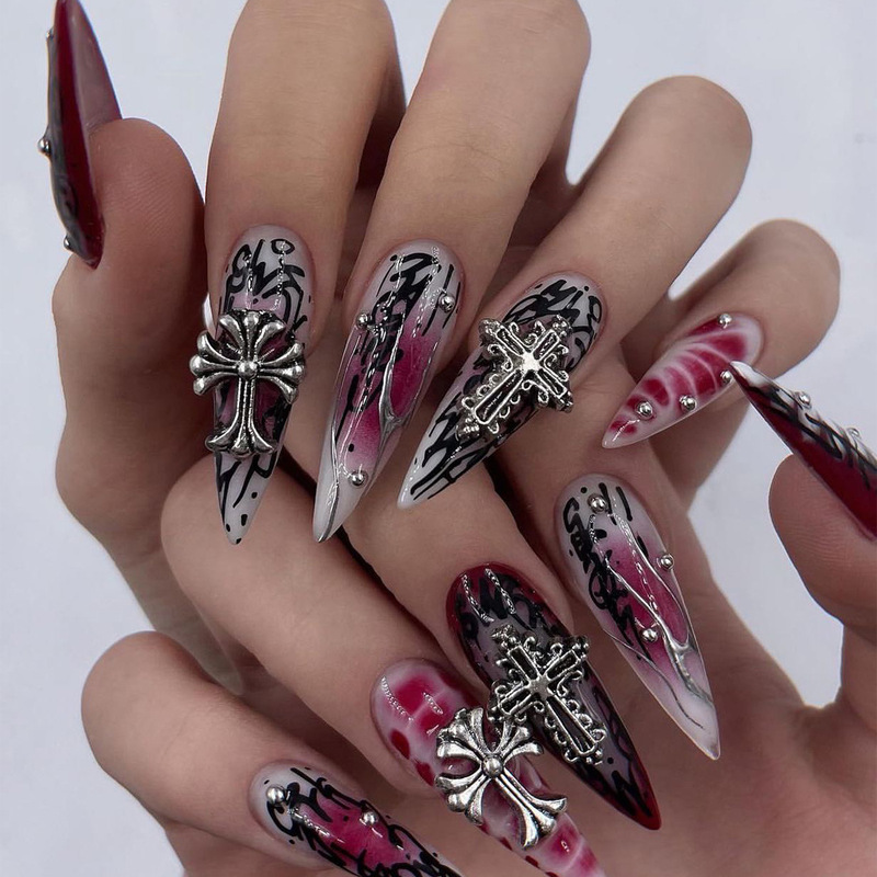 European and American hot girl wear nail nail piece dark cross nail nail piece hot silver blooming fake nail nail piece