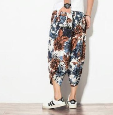 Venta al por mayor de fábrica pantalones de cáñamo de verano pantalones cortos para hombres pies sueltos pantalones de zanahoria pantalones harem de lino de algodón pantalones de flores de estilo étnico