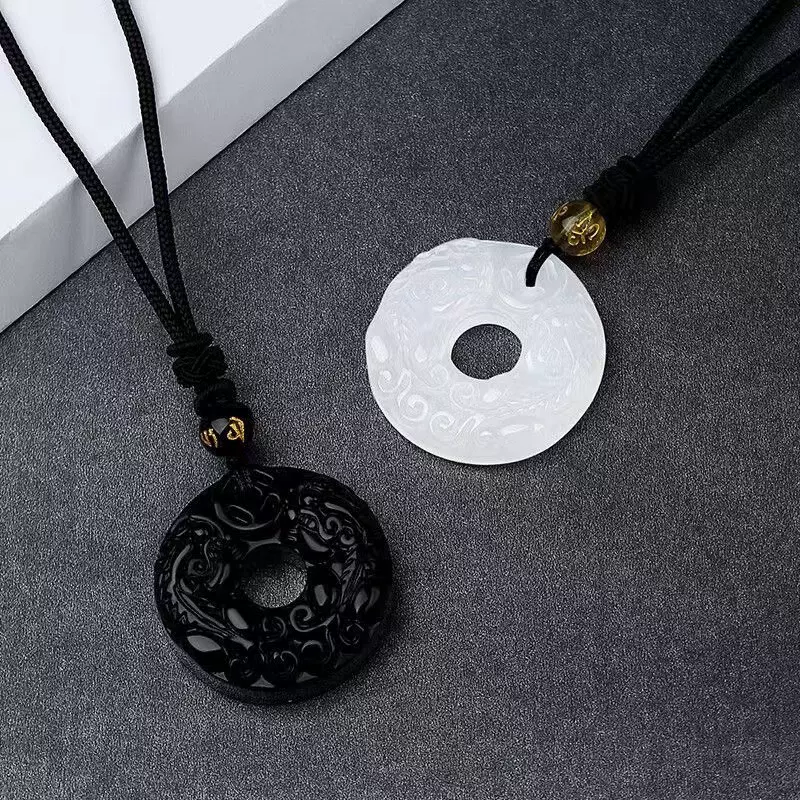 天然黑曜石双貔貅吊坠白玉髓双貔貅平安扣抖音快手男女项链貔貅扣