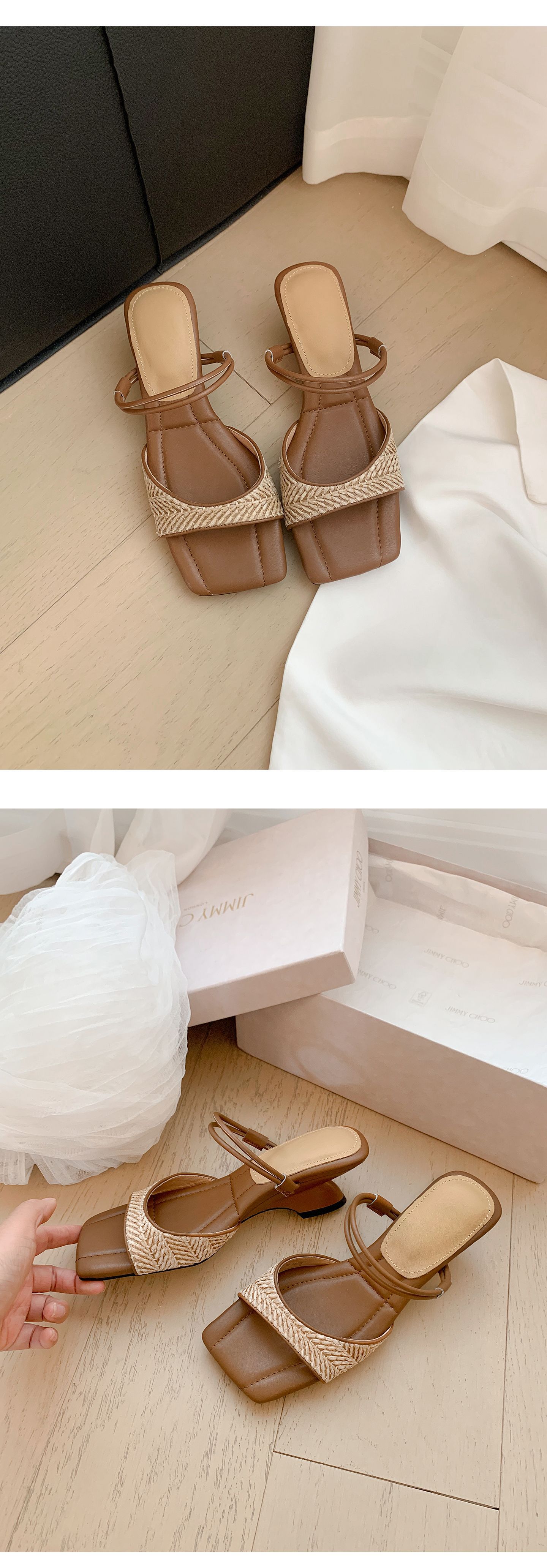Sandal nữ quai đan mũi hở gót vuông dị hình phong cách nghỉ dưỡng — màu trắng ngà, màu mơ chi tiết 13