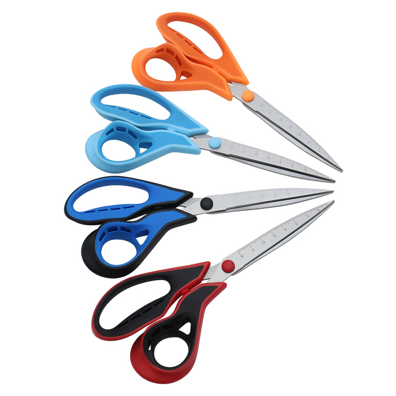 8 pulgadas con escala tijeras de acero inoxidable para el hogar tijeras de oficina diarias tijeras de caucho y plástico fábrica de tijeras al por mayor