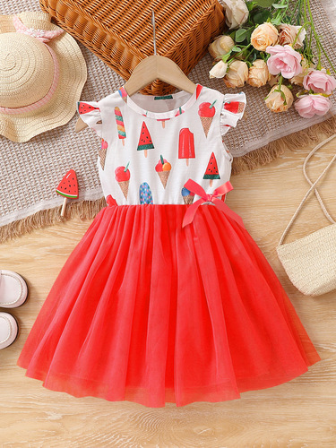 Summer European and American girls princess dress, cute flying sleeves, ice cream print, red mesh stitching, children's dress