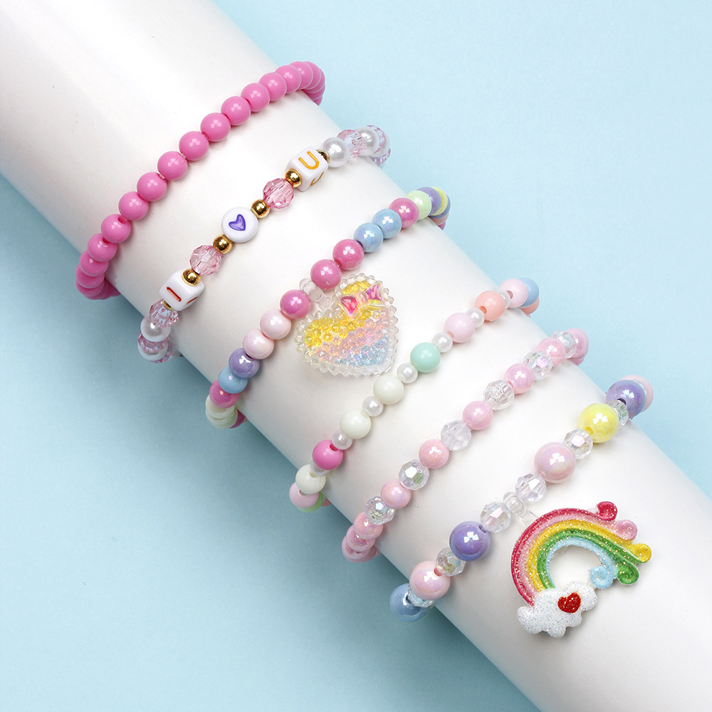 Sweet Rainbow Heart Shape Plastic Beaded Bracelets