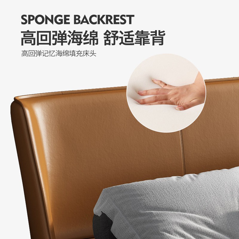 Cama de cuero real minimalista italiano moderno dormitorio principal minimalista cama naranja de gama alta elegante diseñador cama doble cama de boda