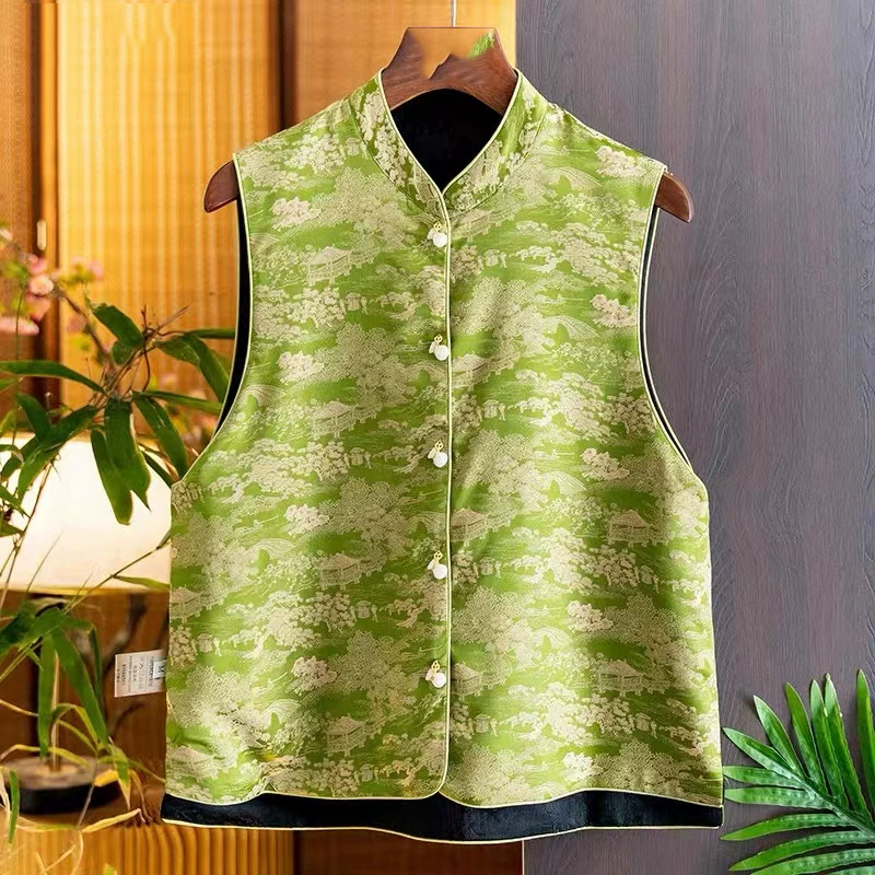 Двухсторонний новый китайский ацетат жаккардовый жилет женский 2024 весна новый национальный стиль ретро воротник коня