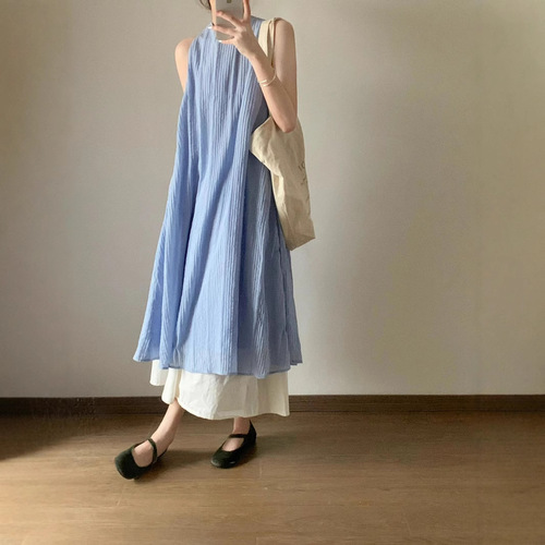 French stripe texture fake two-piece dress for women's summer new style loose slimming and draping temperament long dress