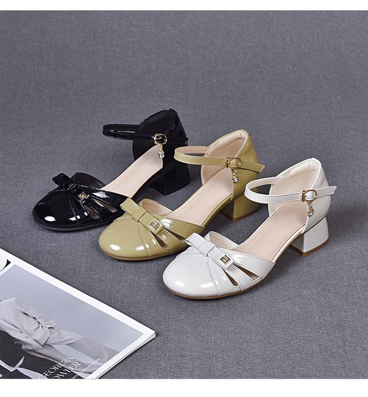 Sandal bít mũi nữ da sáng chế mũi tròn gót thô vừa phải — Màu đen chi tiết 16