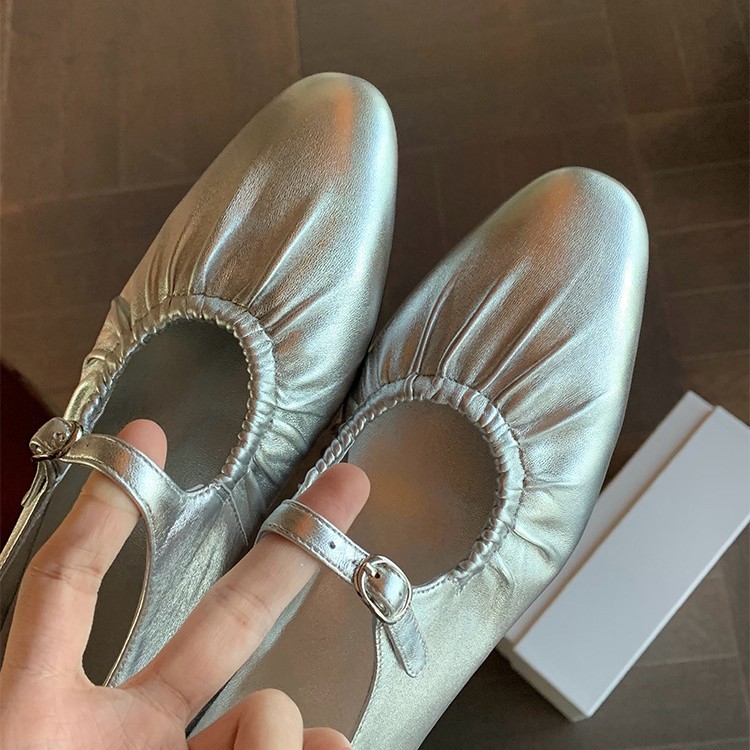 Versión de cuero de vaca ~ cuero genuino pliegue plateado zapatos de una sola capa plana para mujeres 2025 nuevo estilo de primavera francesa zapatos de mujer Marie-Zhen