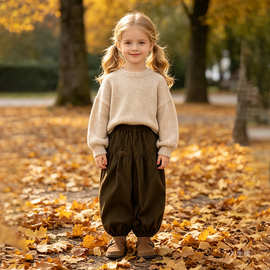 童装棉麻花苞灯笼裤秋冬松紧腰男女宝宽松无束缚洋气双褶皱束脚裤