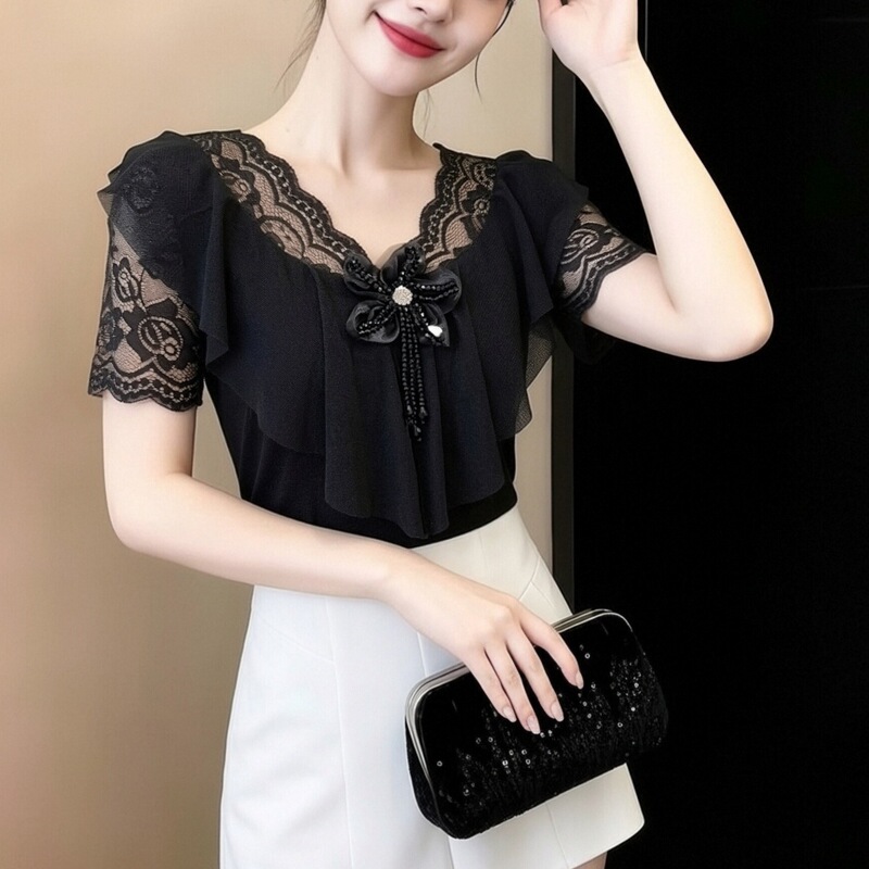 Summer New Style V-Neck Short-Sleeved Ruffled Top for Women, Elegant Lace Splicing, High-Elastic Mesh Waist-Cinching Elegant T-Shirt
