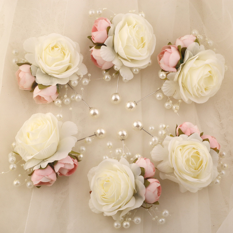 6Pcs Forest-Style Romantic Wedding Beaded Pink Corsage, Artificial Rose Boutonniere for Parents and Guests, Dress Accessory Xh102