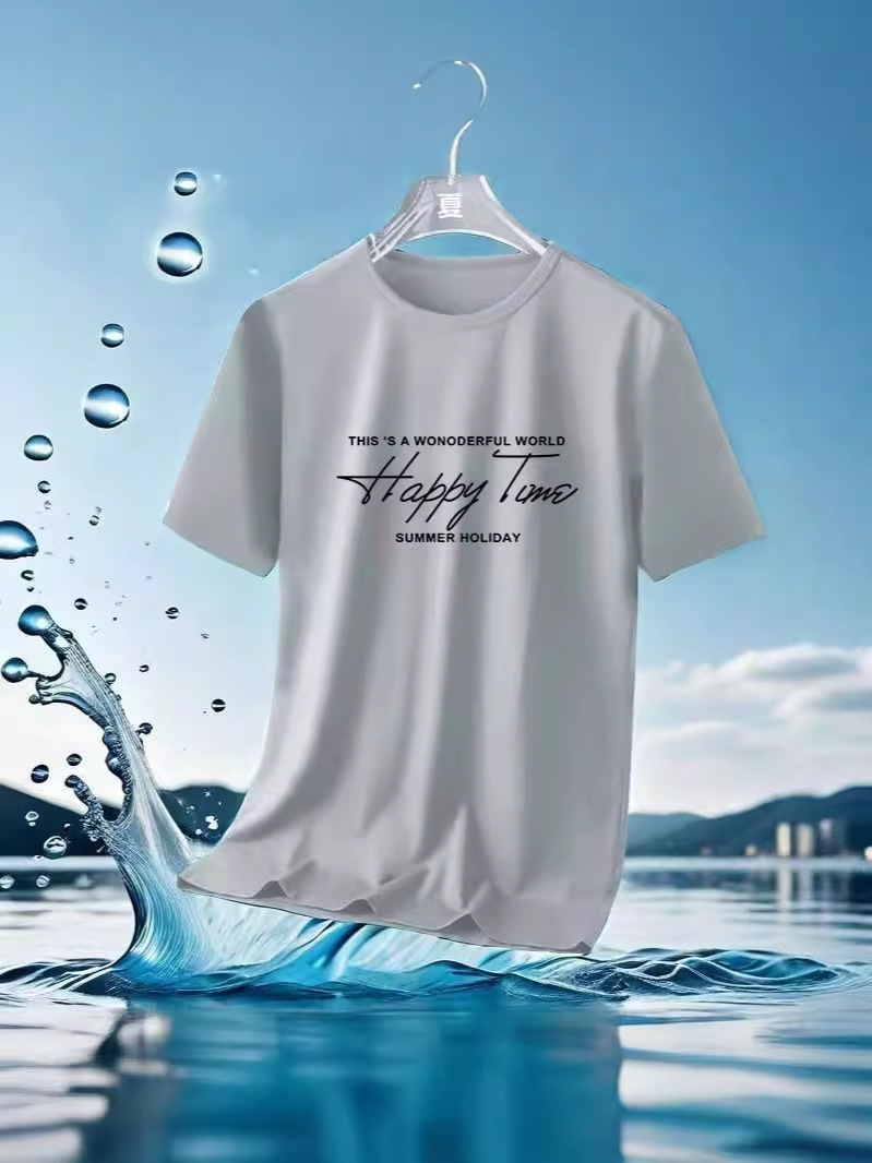 2025 Summer Mesh Ice Silk T-Shirt Versatile Printed Slim Thin Round Neck Quick-Drying Short-Sleeve T-Shirt Men's Sports Style
