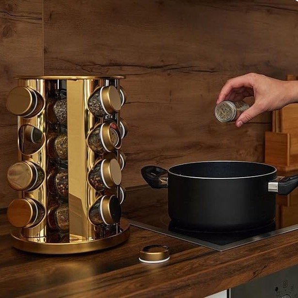 La cocina de almacenamiento del rey frito frito frasco de especias directamente dejar que la cocina abierta cuelgue 16 frascos de vidrio giratorio gran frasco de especias