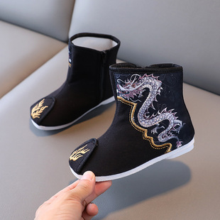 New Autumn and Winter Ethnic Style Boys Boots Chinese Style Embroidered Hanfu Shoes Cotton Boots Spring Festival New Year Service Cotton Shoes
