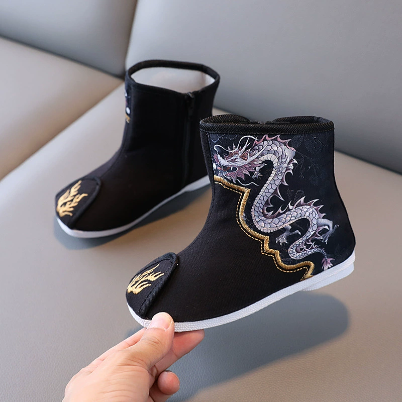 Новые осенне-зимние сапоги для мальчиков в этническом стиле, обувь ханьфу в китайском стиле с вышивкой, хлопковые сапоги на флисовой подкладке, Весенний фестиваль, Новогодняя хлопковая обувь
