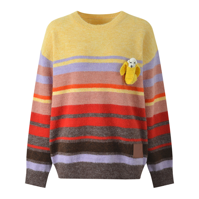 2025 Autumn and Winter New Stereo Doll Contrasting Stripes Sweet Age-Reducing Versatile Loose Casual Knitwear Sweater