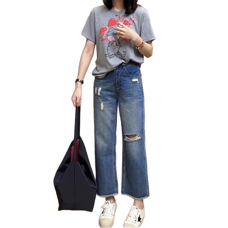 时尚磨破八分直筒牛仔裤女夏季新款时尚百搭显瘦毛边阔腿直筒牛仔|undefined