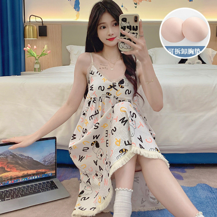 Pijamas de verano de niña cabina larga falda cojín de pecho camiseta ropa casera nubes de algodón dulce ropa casera