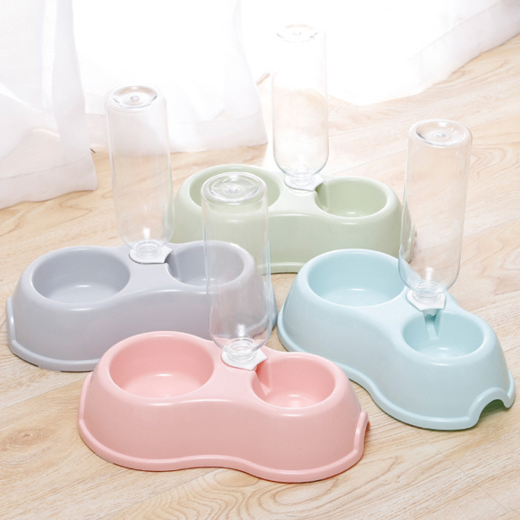 现货批发进食饮水双碗  马卡龙色双用猫碗  带饮水瓶圆形塑料狗碗