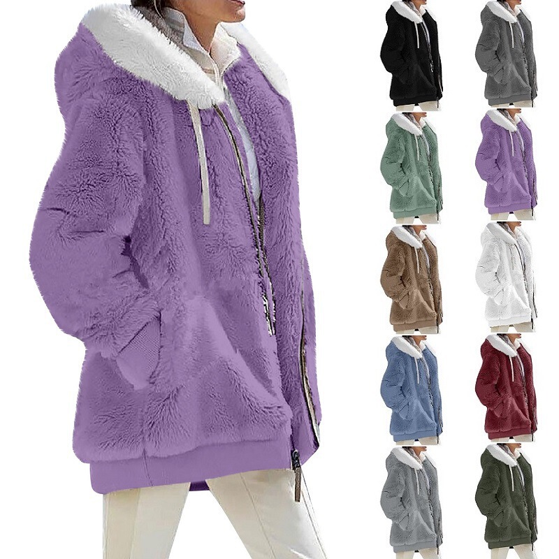 Cross-Border Amazon Temu Hot Model European and American 2025 Autumn and Winter Loose Plush Long-Sleeved Zipper Flap Pocket Pants Hooded Warm Outer Wear