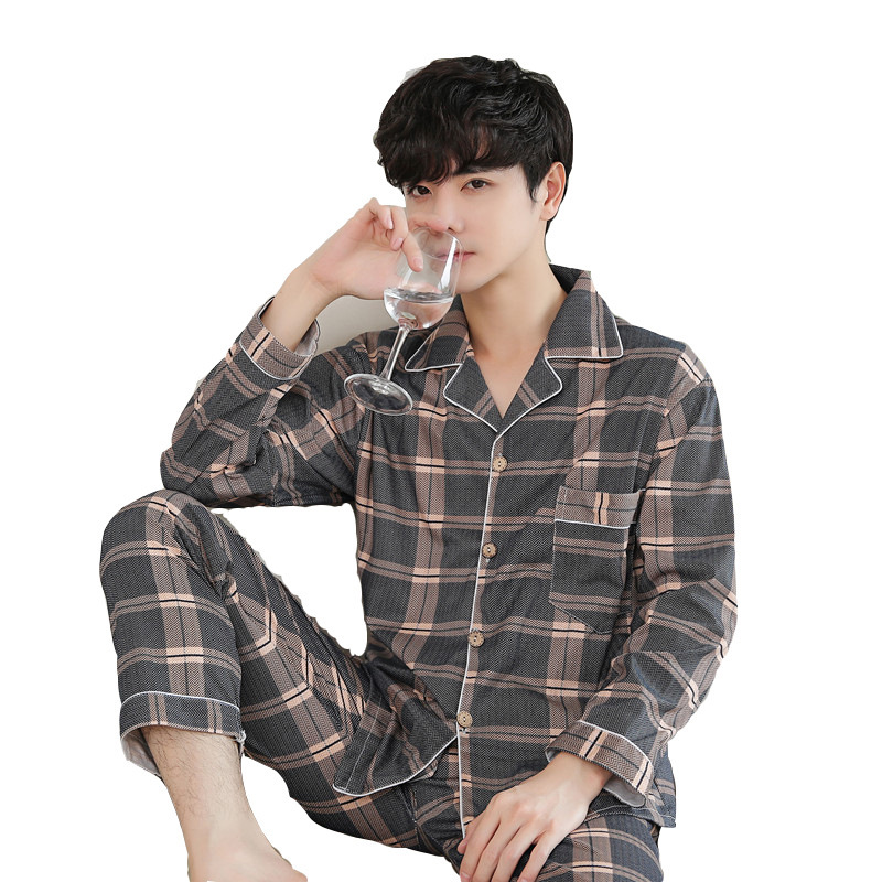 Pijamas de manga larga de los hombres de primavera y otoño de algodón cardigan casual Plaid elegante de los hombres desgaste del hogar de Otoño de algodón más traje de tamaño