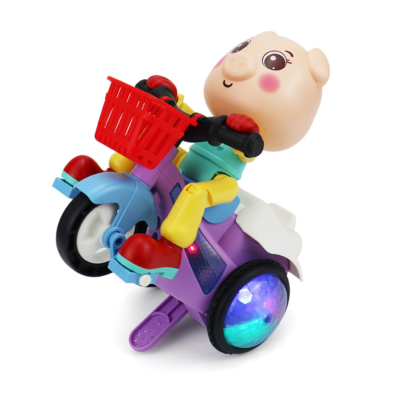 TikTok con música genial magnífico truco ligero giratorio pequeño Triciclo de cerdo lindo puesto de coche de juguete eléctrico para niños