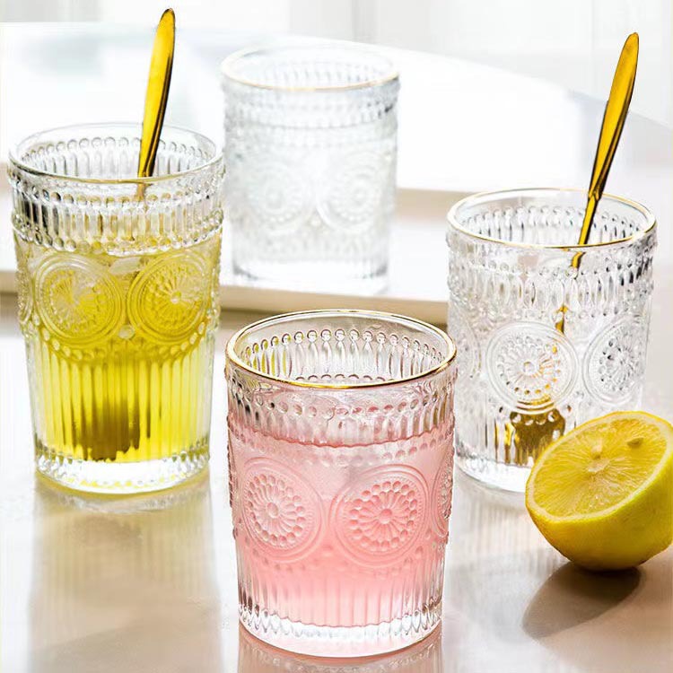 Retro en relieve girasol taza de agua transparente oro borde ins estilo redondo vidrio taza boda mano regalo