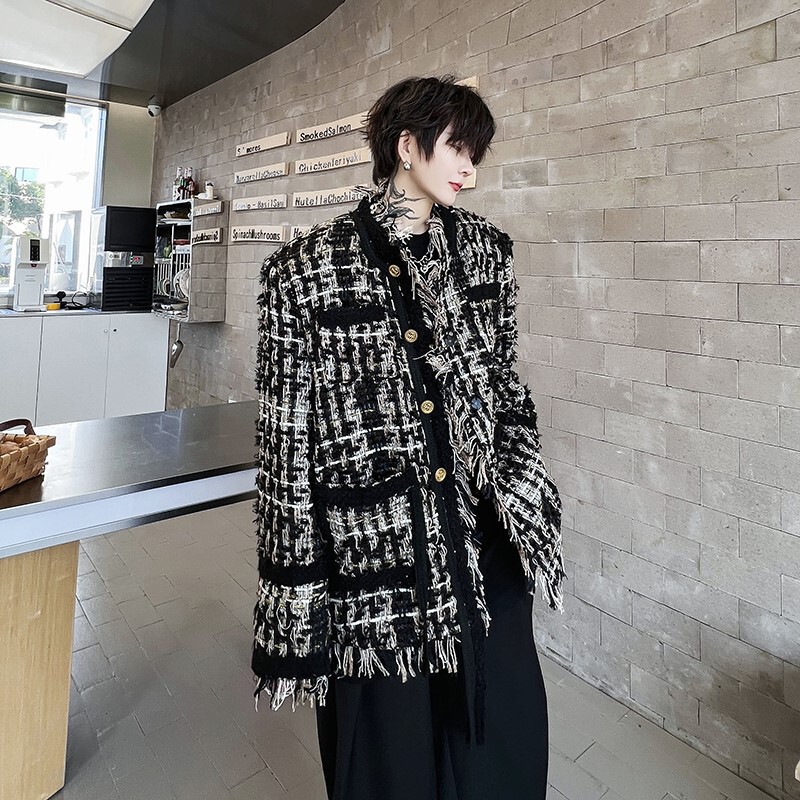 French retro gender-free woolen tassel woven round neck small suit men's tweed jacket fashionable coat