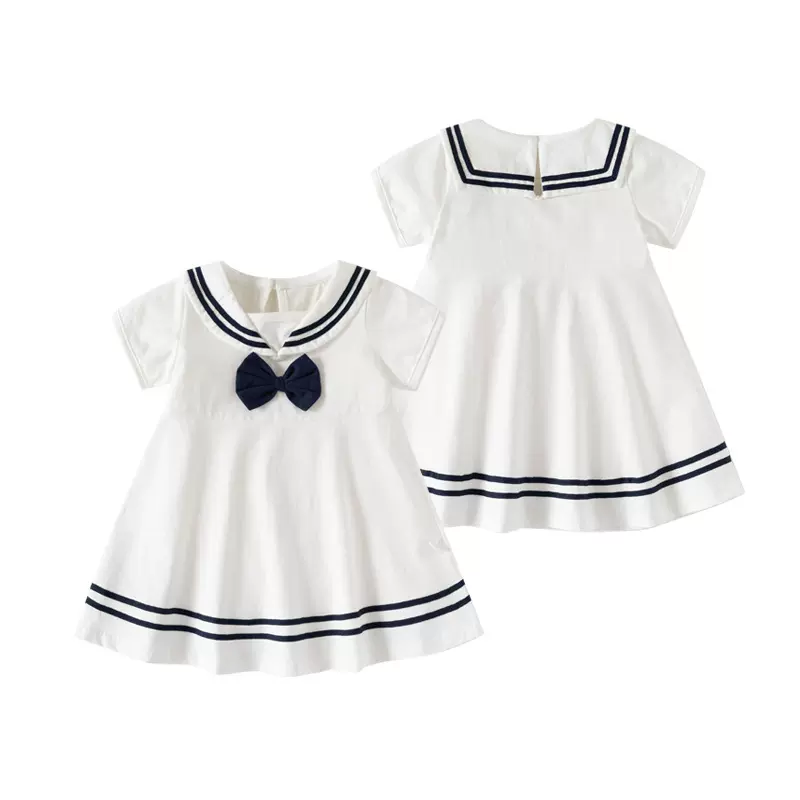 女童短袖海军领连衣裙宝宝公主白色裙子2026新款夏季婴幼儿学院风