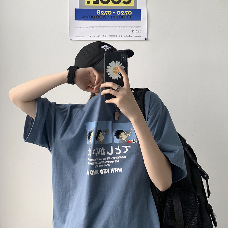 여름 새로운 반팔 티셔츠 남성용 트렌디 브랜드 루즈한 홍콩 스타일 반팔 탑 올매치 트렌디 캐주얼 핸섬 티셔츠